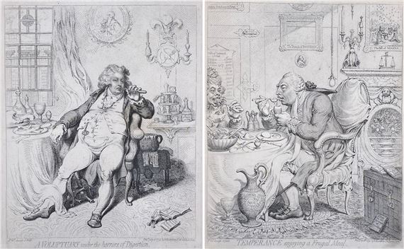 A Voluptuary Under the Horrors of Digestion' and 'Temperance Enjoying a Frugal Meal by James Gillray, circa 1792