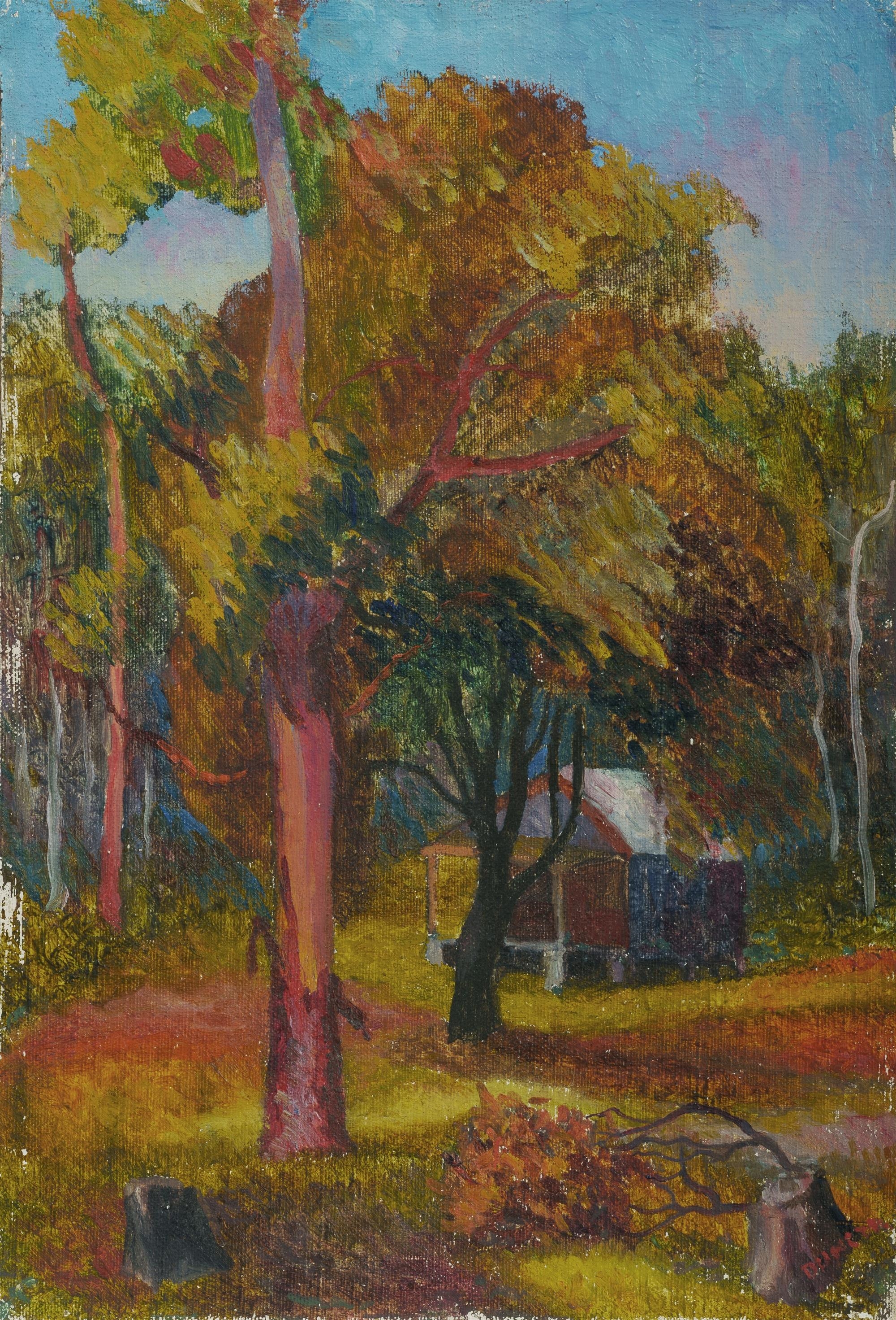 Artwork by George Duncan, Bush Shanty, Made of Oil on Canvas on Board