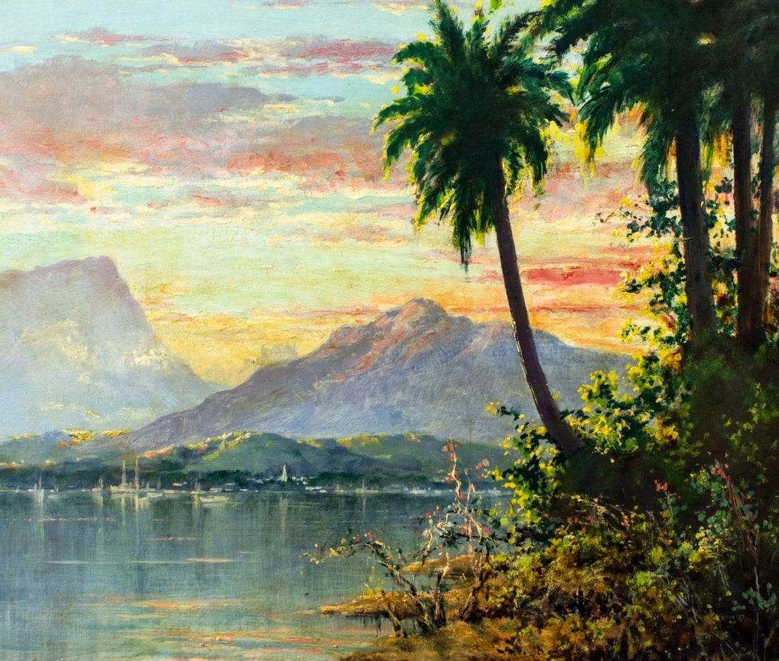 Artwork by Clarkson Dye, Sunset Coastal Landscape, Papcete Lagoon, Tahiti, Made of oil on board