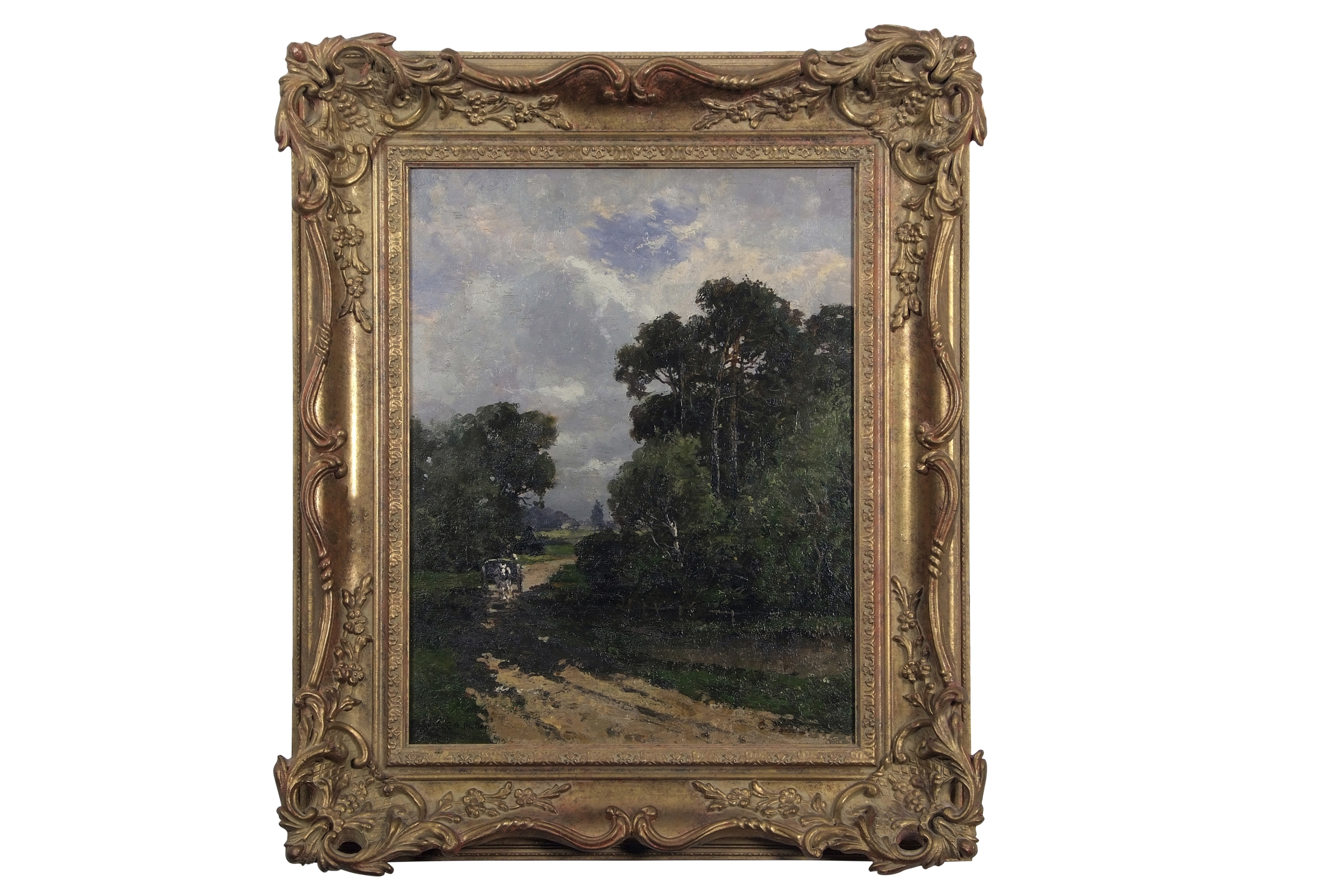 Artwork by Campbell A. Mellon, Rural setting with a horse and cart travelling a dirt track, Made of oil on canvas (relined)