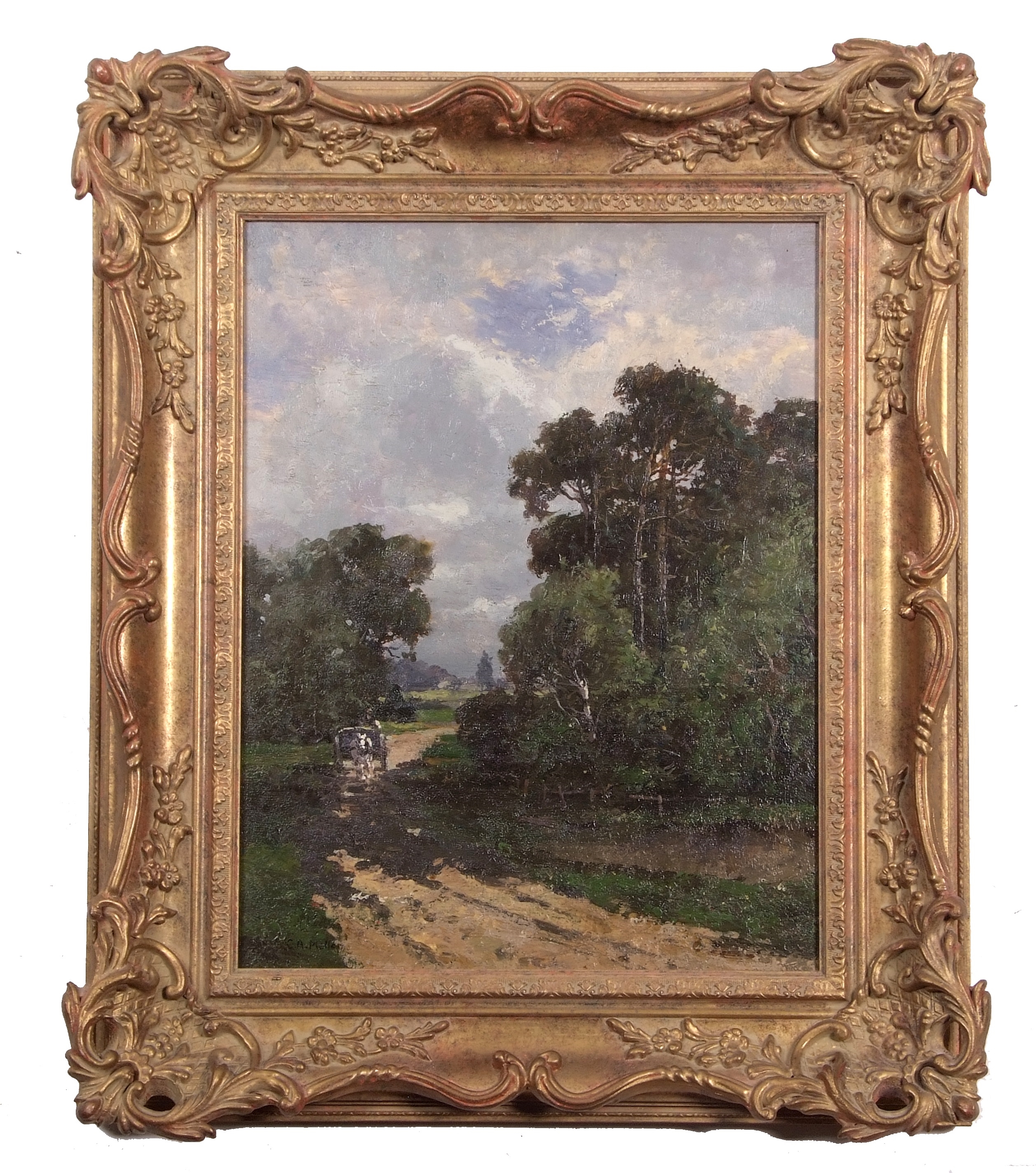 Artwork by Campbell A. Mellon, Rural setting with a horse and cart travelling a dirt track, Made of oil on canvas (relined)