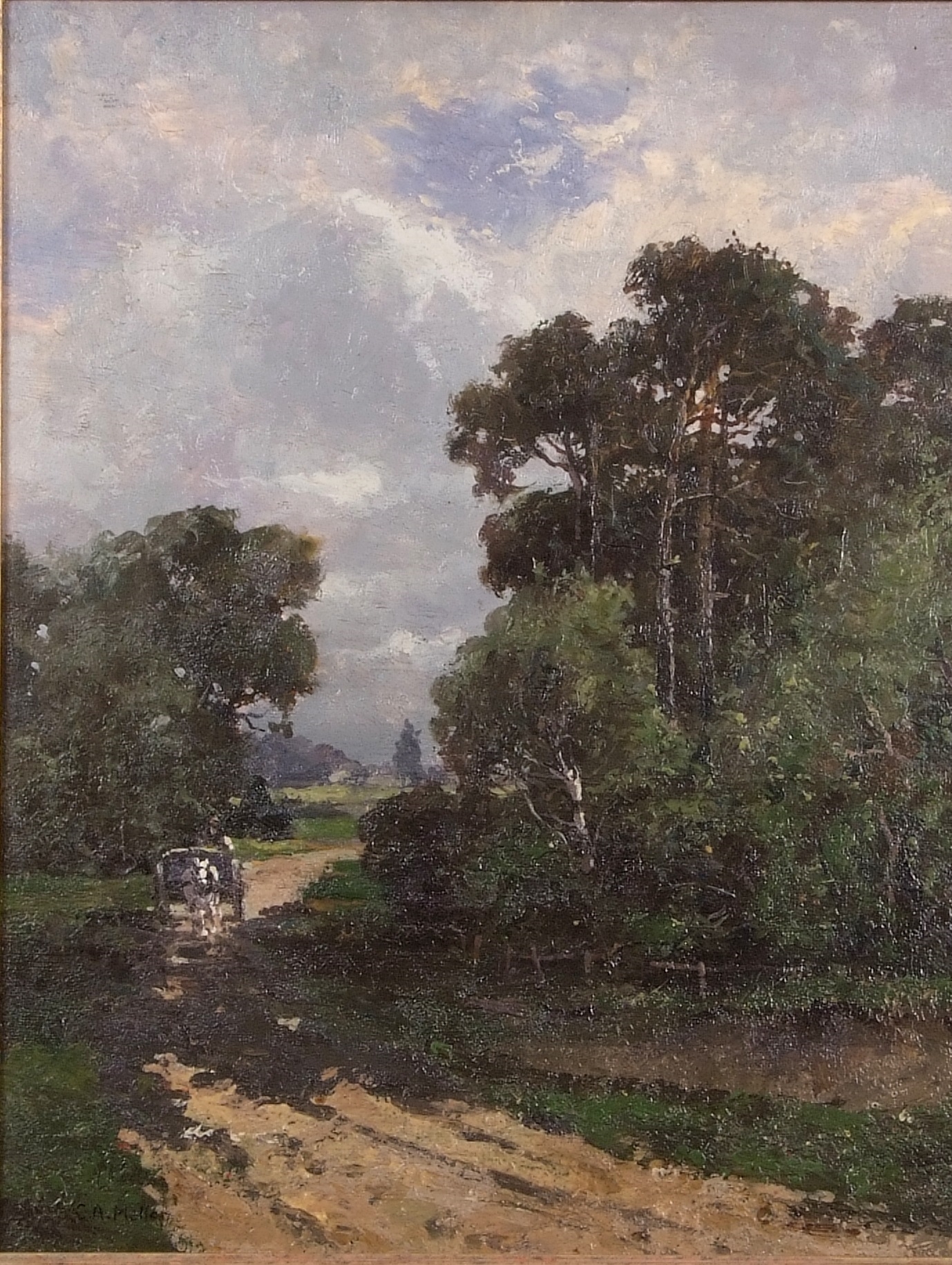 Artwork by Campbell A. Mellon, Rural setting with a horse and cart travelling a dirt track, Made of oil on canvas (relined)