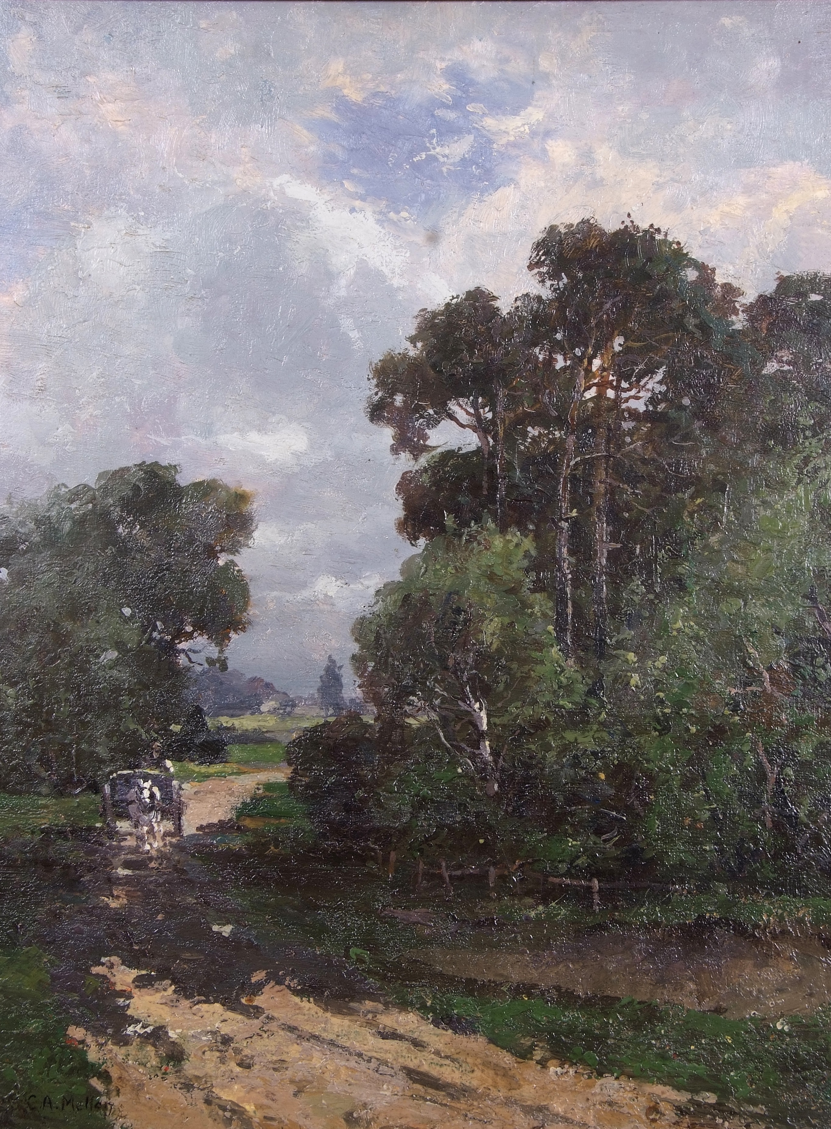 Artwork by Campbell A. Mellon, Rural setting with a horse and cart travelling a dirt track, Made of oil on canvas (relined)