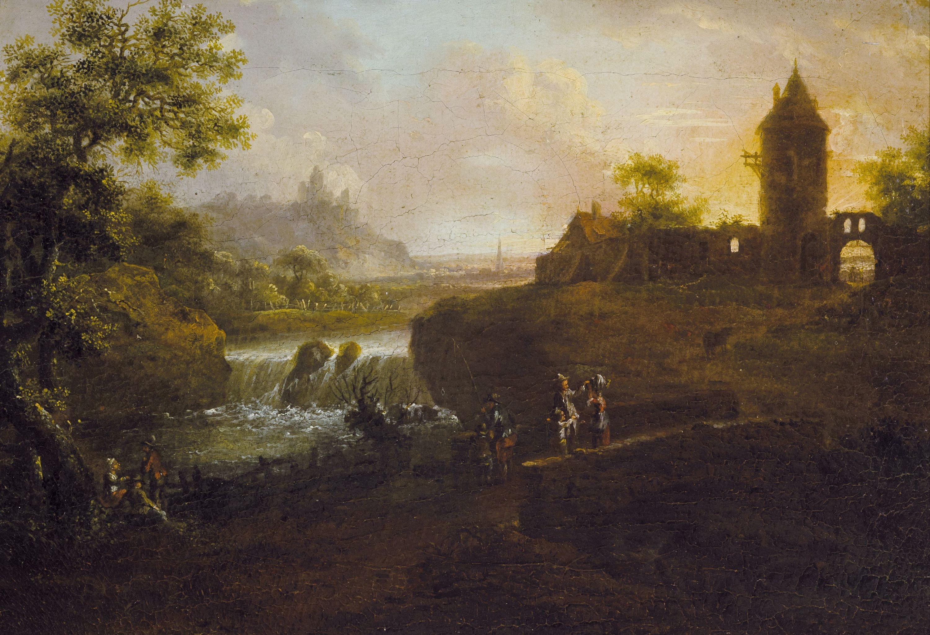 Christian Georg Schütz I | river landscape with waterfall and tower ...