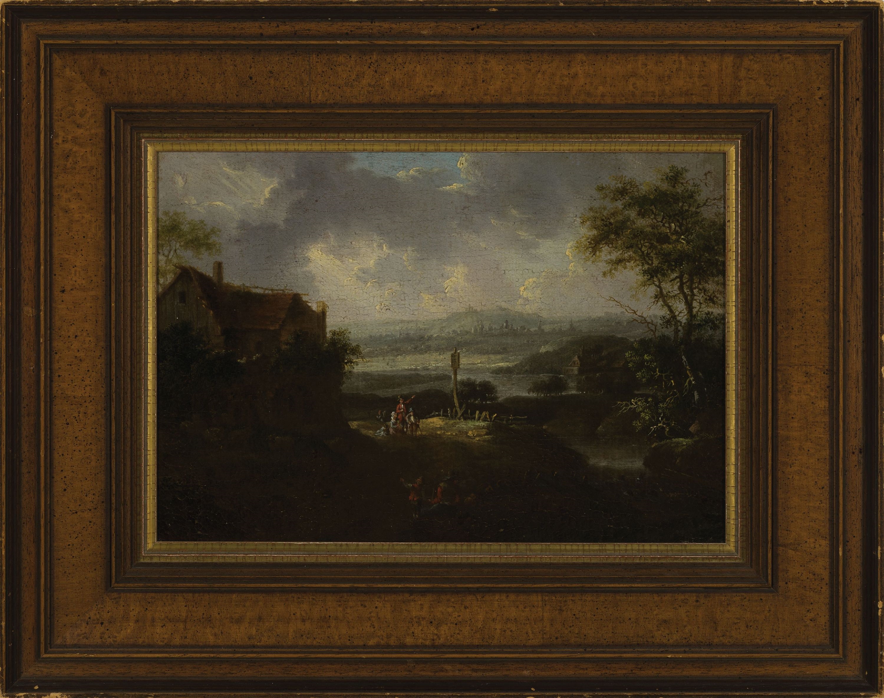 Christian Georg Schütz I | river landscape with farmhöt and people ...