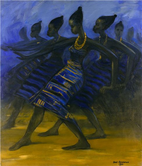 A group of figures in blue dresses dance in a stylized composition.