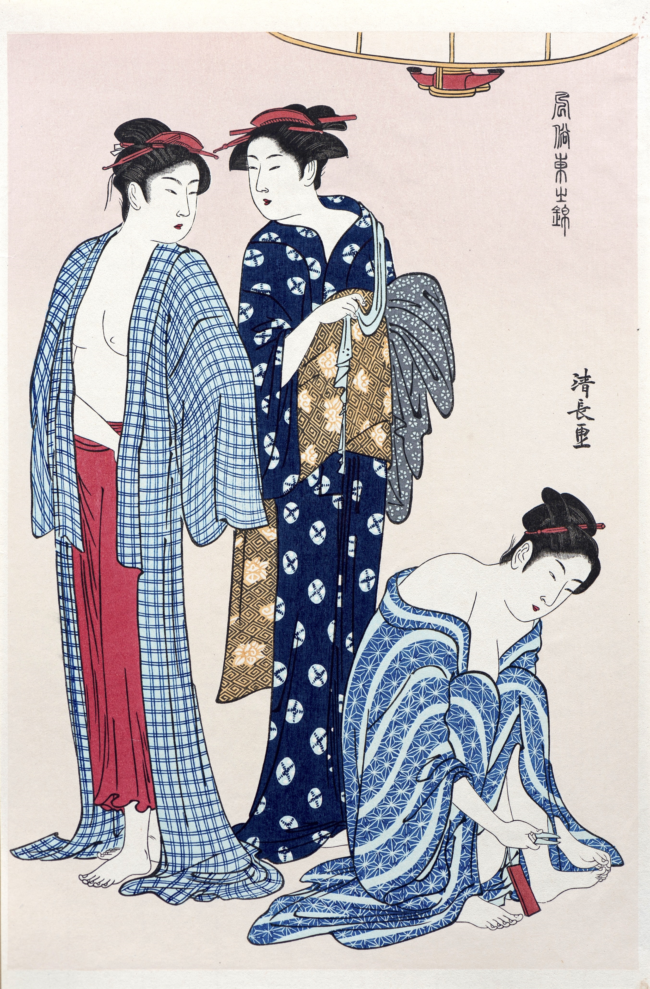 Artwork by Torii Kiyonaga, In a public bath, Made of woodblock prints