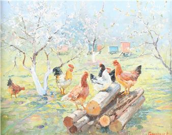 Chickens amongst blossom trees - Vitaly Baranenko