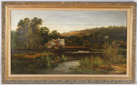 Landscape with figures and mill pond by Allan