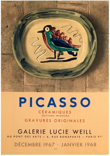 A poster advertising a ceramic plate with a bird on it.