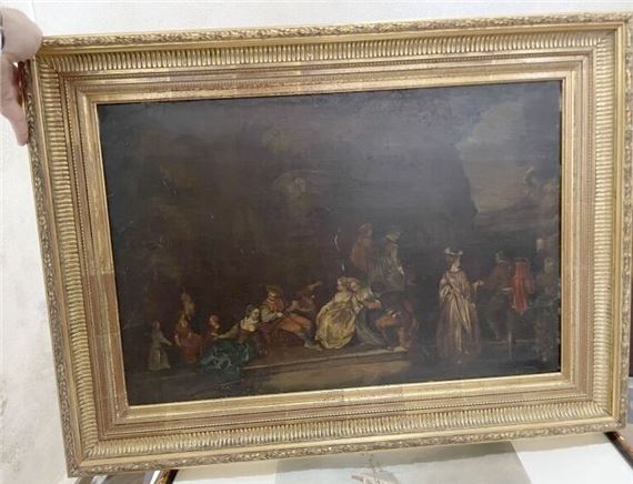 Huile sur panneau, encadrement en bois et stuc doré à canaux by Jean-Antoine Watteau