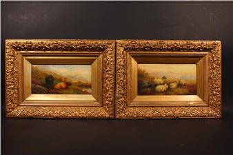 A pair of ornate gold-framed pastoral paintings depicting rural scenes with animals.