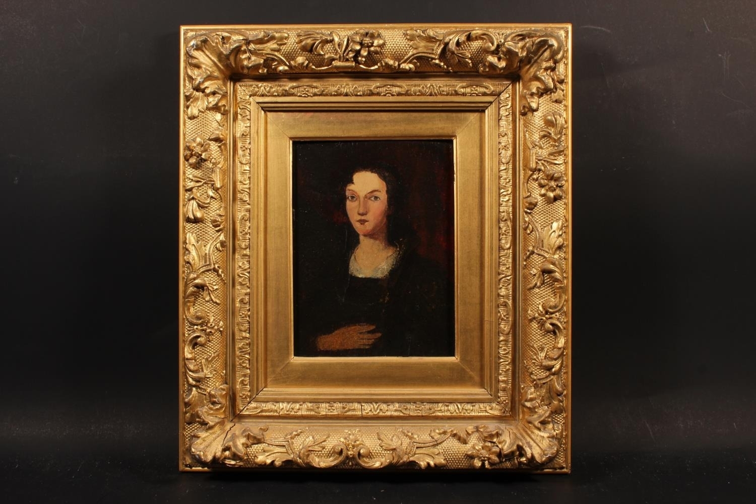 Artwork by Professor Margaret Salter, half-length portrait of a lady, Made of oil painting on paper laid on panel
