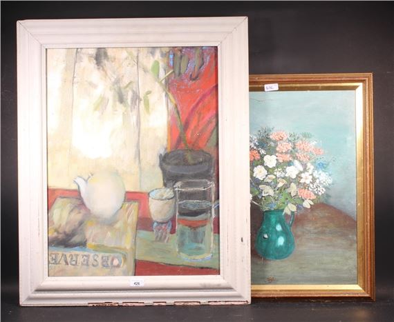 still life table-top with water jug and Observer paper