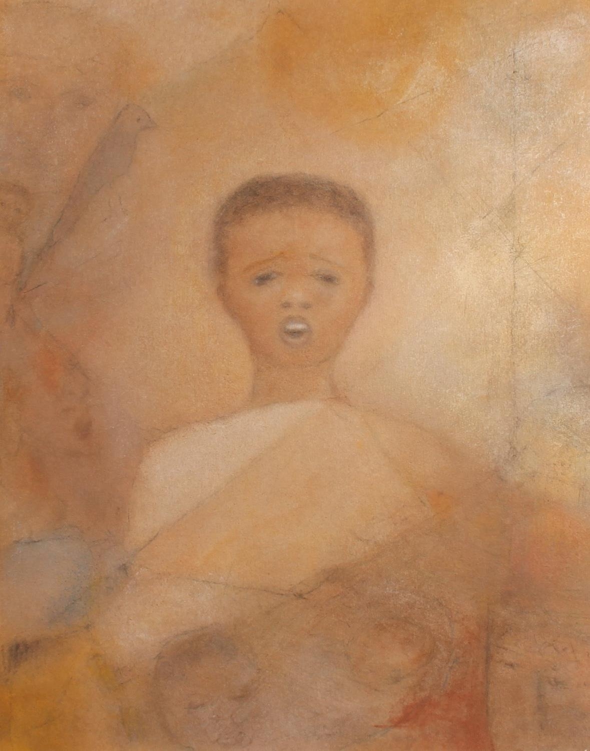Artwork by Professor Margaret Salter, Untitled - bust length portrait of a young boy with bird, Made of oil painting on board