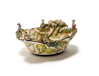 Bowl with vervet monkey, crocodile and lotus decoration - George Mnyathela