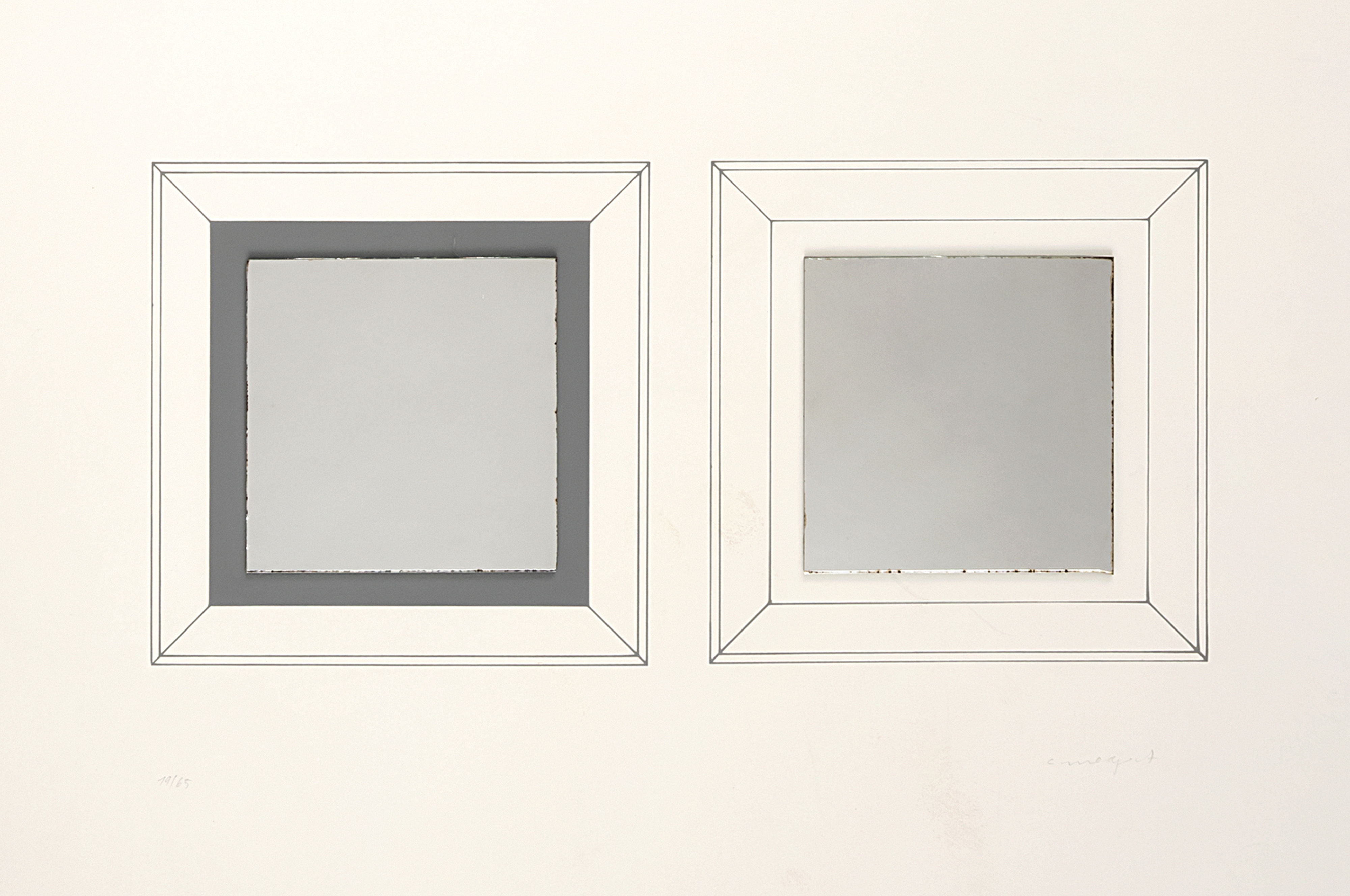 Artwork by Christian Megert, Untitled, Made of Silkscreen print with two collaged mirrors on cardboard