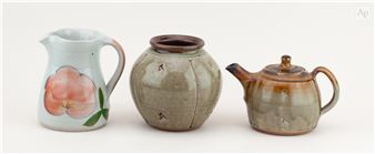 a stoneware teapot covered in green ash and iron glaze with impressed and incised decoration - John Jelfs