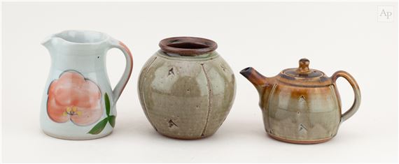 a stoneware teapot covered in green ash and iron glaze with impressed and incised decoration - John Jelfs