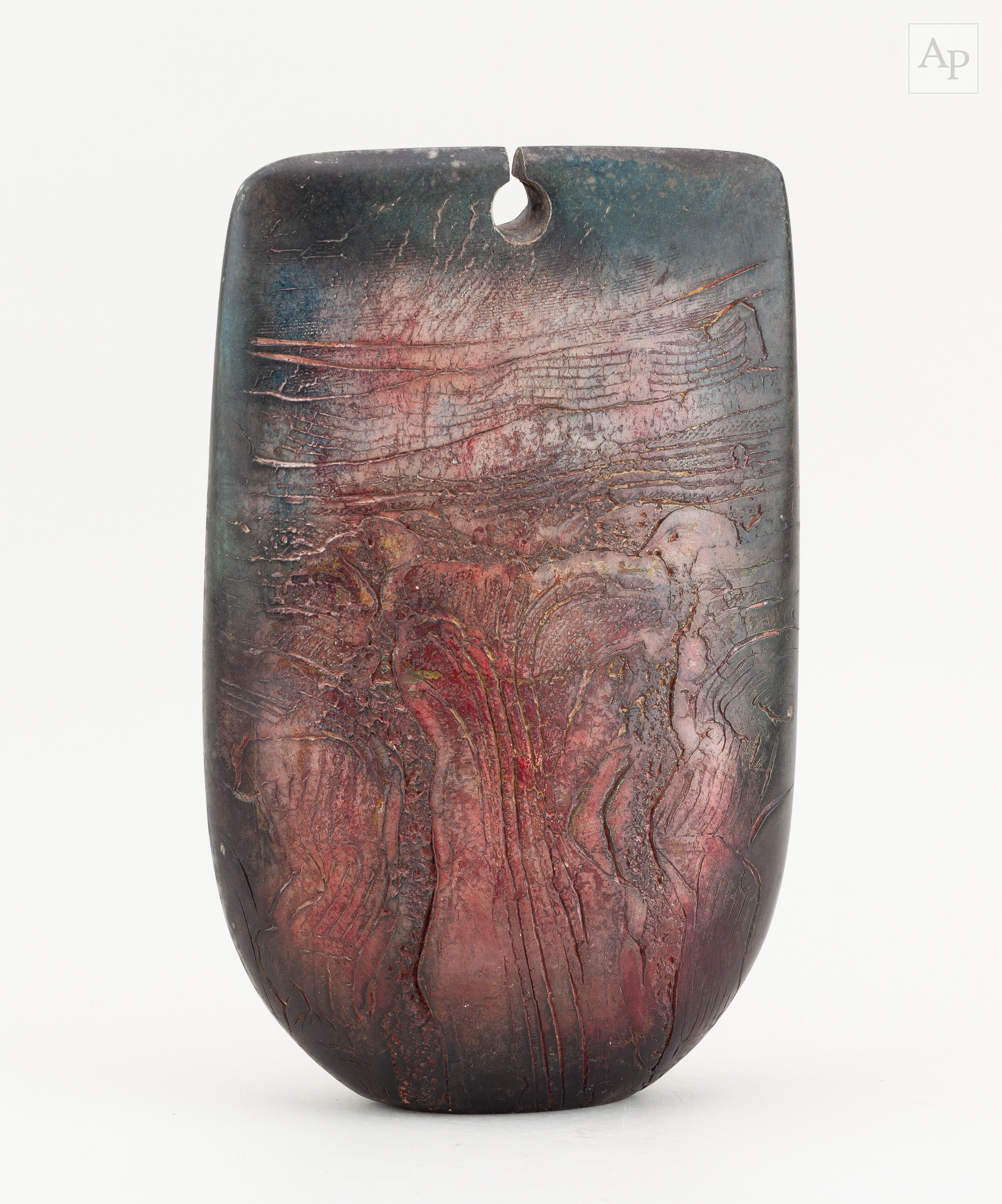 Artwork by Peter Hayes, a raku bow with fractured red and black smoky surface and keyhole, Made of raku