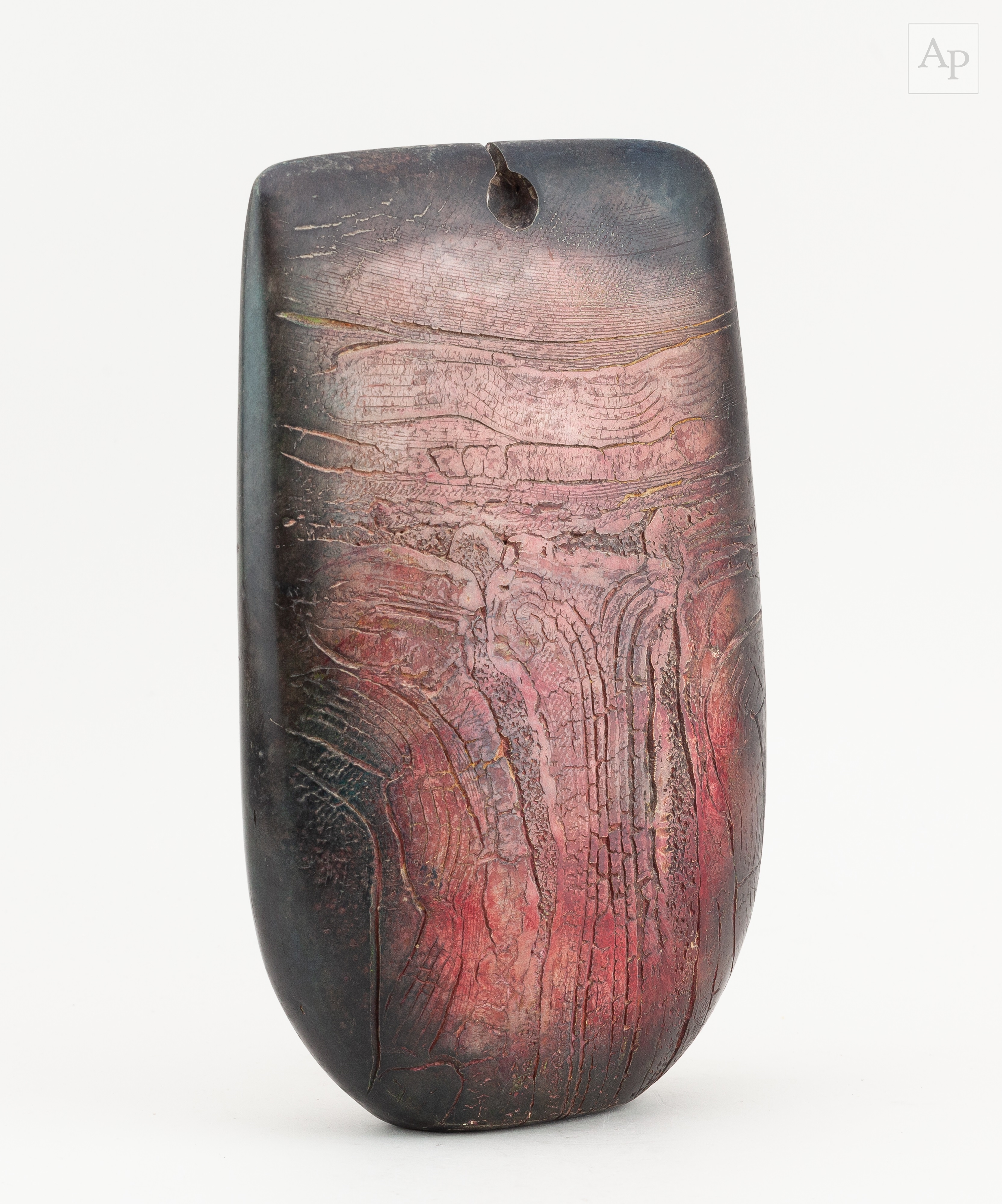 Artwork by Peter Hayes, a raku bow with fractured red and black smoky surface and keyhole, Made of raku