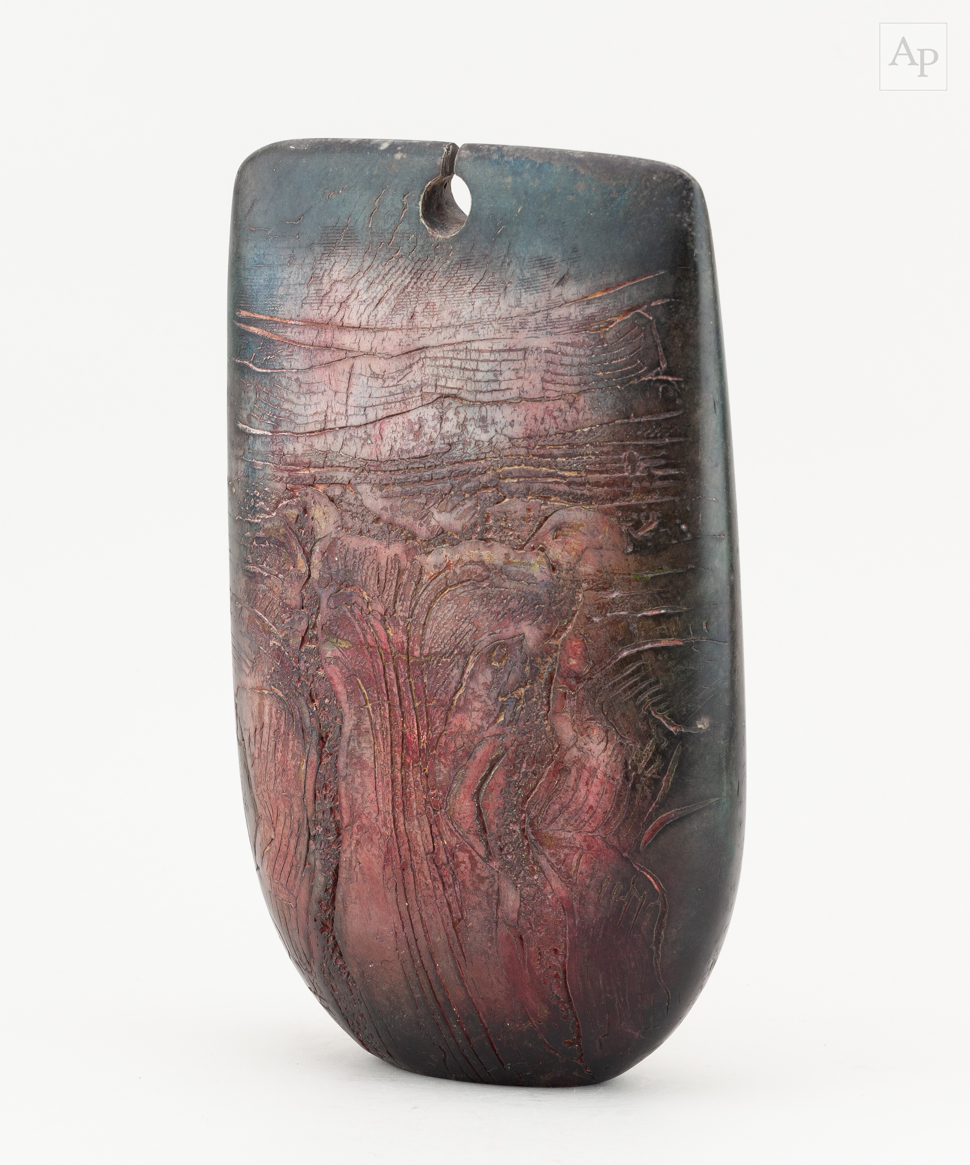 Artwork by Peter Hayes, a raku bow with fractured red and black smoky surface and keyhole, Made of raku
