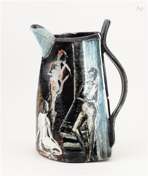 a red earthenware jug of twisted form decorated with nudes by Paul Jackson, 2018