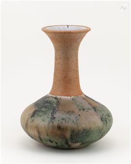 a large stoneware bottle of squat form with elongated neck partially covered in patches of mottled green glaze - Vicki Reed