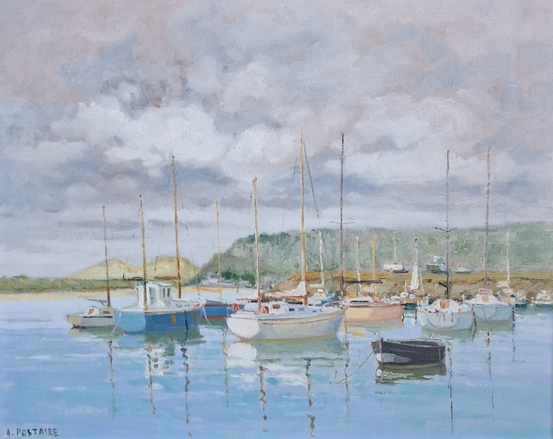 André Postaire | a 20th century oil on canvas depicting moored sailing ...