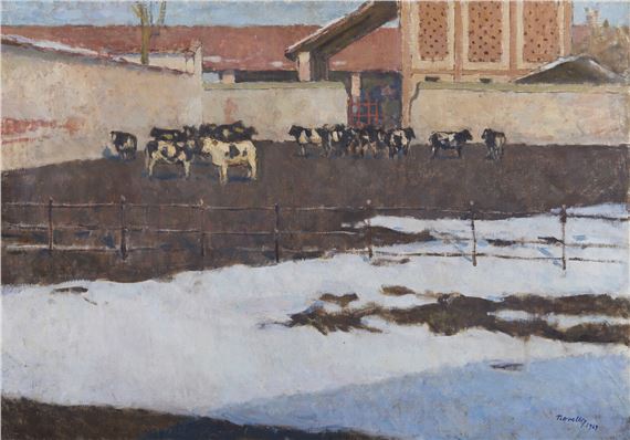 A winter farm scene with a herd of black and white cows in an enclosure.