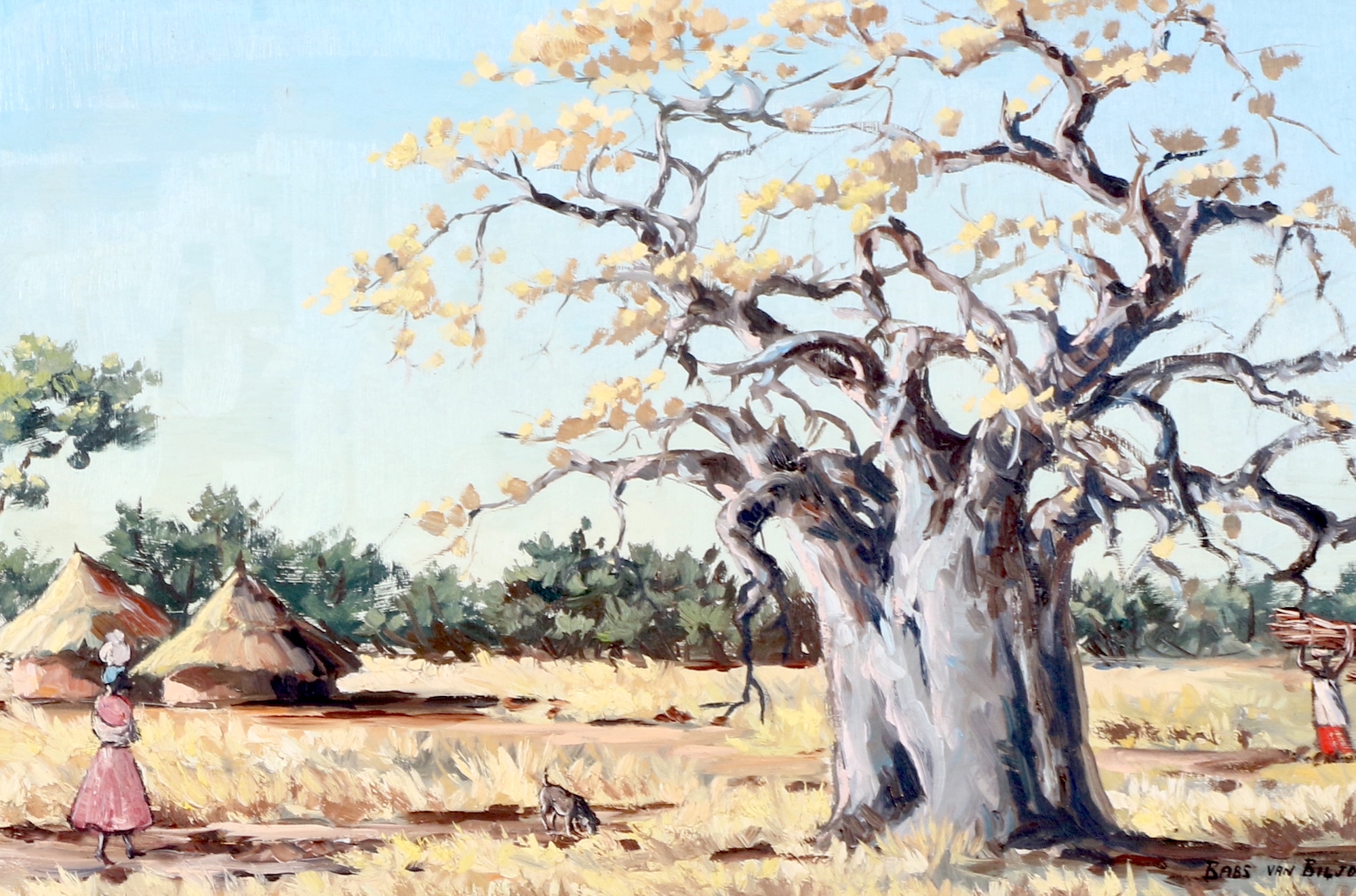 Artwork by Babs Van Biljon, AFRICAN HUT AND BAOBAB TREE, Made of oil on board