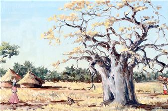 AFRICAN HUT AND BAOBAB TREE - Babs Van Biljon