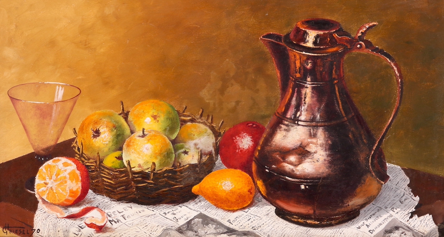 Artwork by Hennie Griesel, STILL LIFE WITH FRUIT AND FLASK, Made of oil on canvas on board