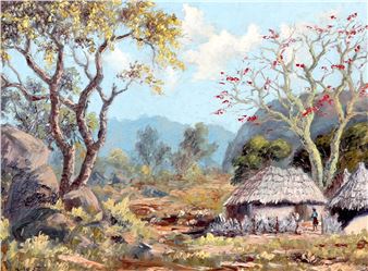 CORAL TREE IN BLOOM BEHIND HUTS - Ernest King