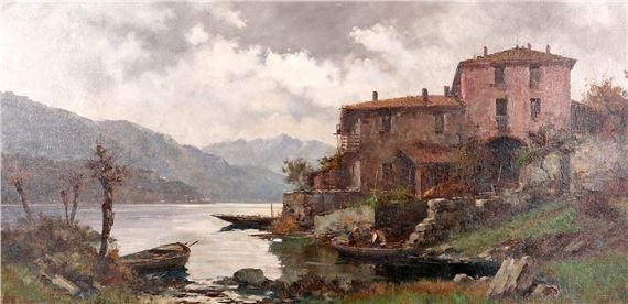 FISHERMEN ON LAKE NEAR A VILLA by Ercole Magrotti