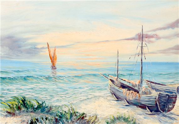 OCEANSCAPE WITH SAIL BOAT by Babs Van Biljon