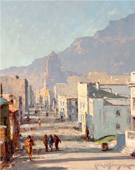 A sun-drenched street scene in a mountainous town with figures walking along the road.