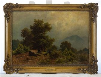 Knorr, Hugo (Attrib.): Drei junge Männer mit Hund bei der Rast in den Bergen - Hugo Knorr