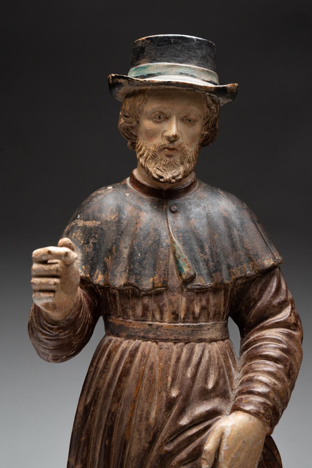 Artwork by Patron Saint, INDIAN CARVED AND POLYCHROME PAINTED WOODEN FIGURE OF SAINT ROCH, Made of CARVED AND POLYCHROME PAINTED WOOD