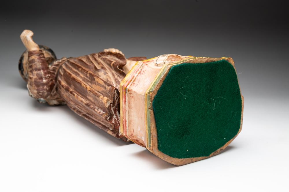 Artwork by Patron Saint, INDIAN CARVED AND POLYCHROME PAINTED WOODEN FIGURE OF SAINT ROCH, Made of CARVED AND POLYCHROME PAINTED WOOD