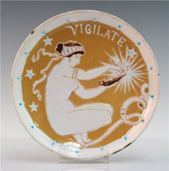 Assiette décorative en faïence émaillée à décor en léger relief d'une jeune orientale tenant une lampe à huile by Felix Optat Milet, datée 1880