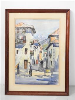 Basque village scene: native woman and her mule - Jean Hourregue