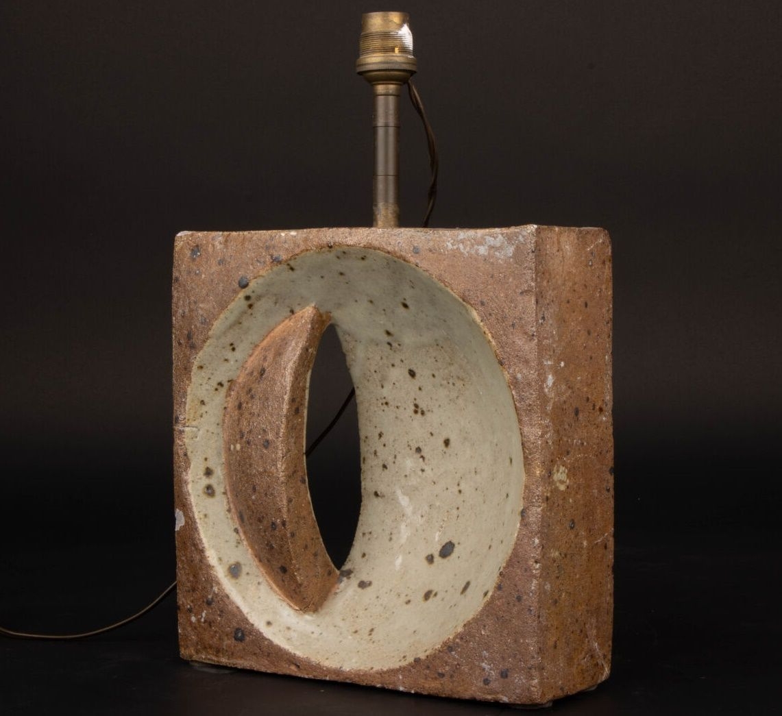 Artwork by Pierre Digan, Pyrity lamp, quadrangular form, Made of stoneware, with openwork disc