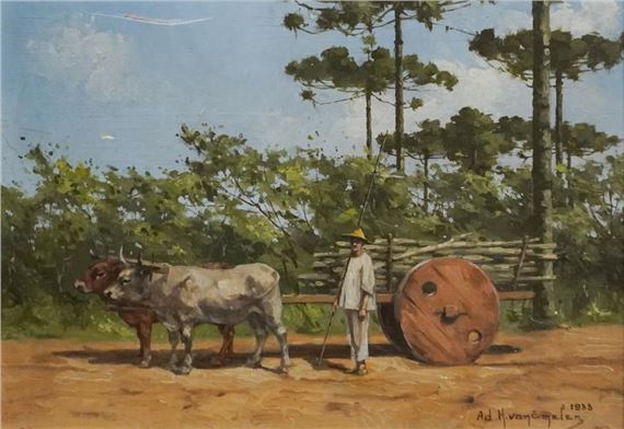Brazilian Man Carting Wood with Oxen - Adrien Henri van Emelen