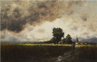A moody landscape painting depicting a rural village under a dramatic, brooding sky.