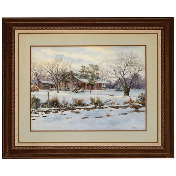 A framed winter landscape painting of a rustic house in snow.