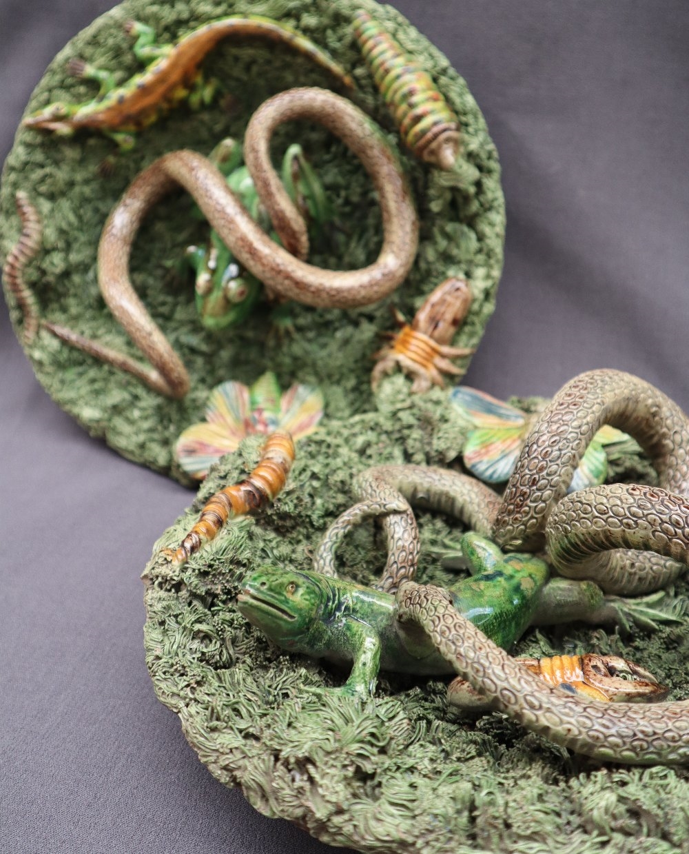 José Alves Cunha | Palissy grotesque majolica Pottery plates decorated ...
