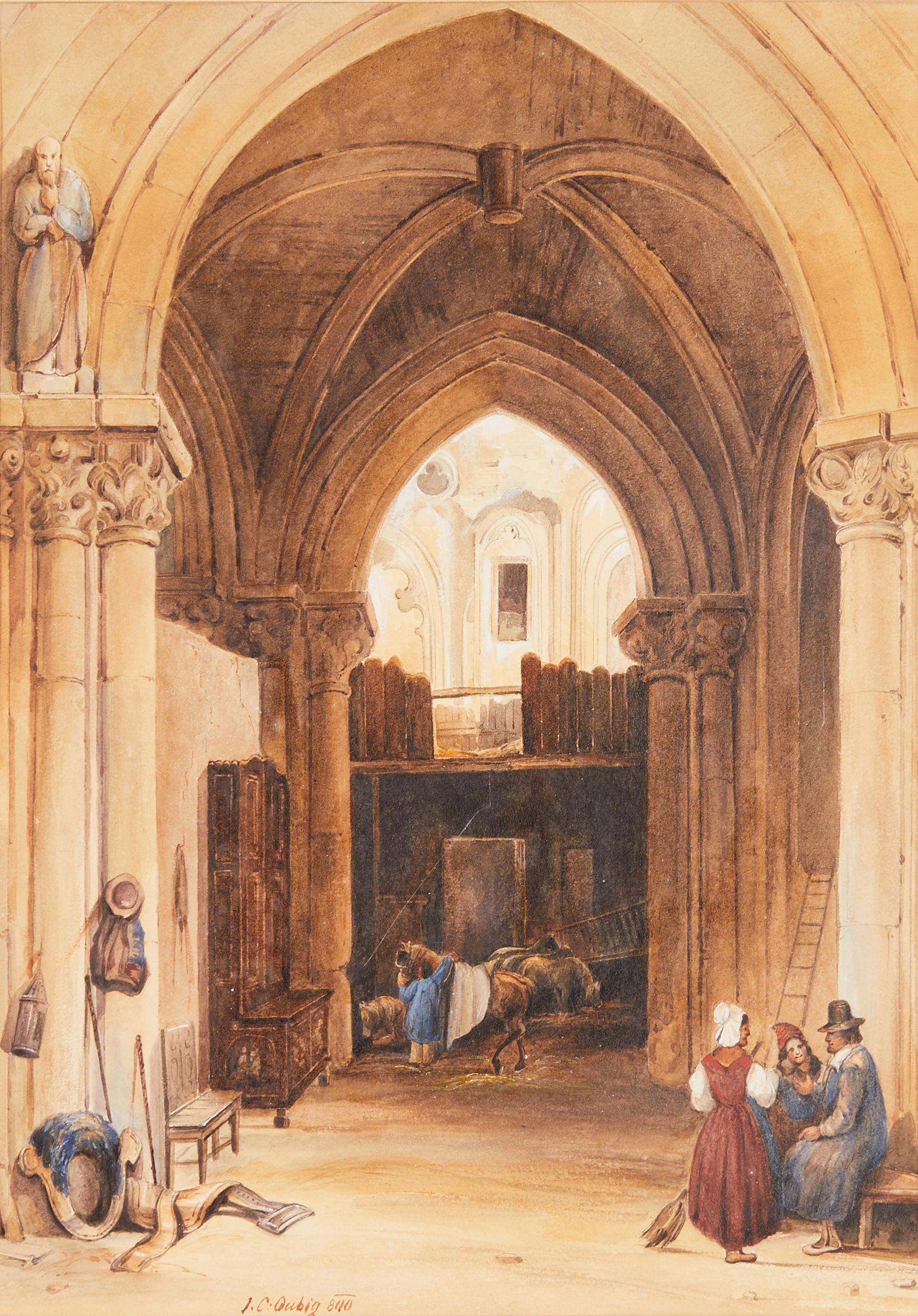 Artwork by Johann Christoph Gubig, Pferdestall in einer Kirchenruine, Made of watercolor on paper