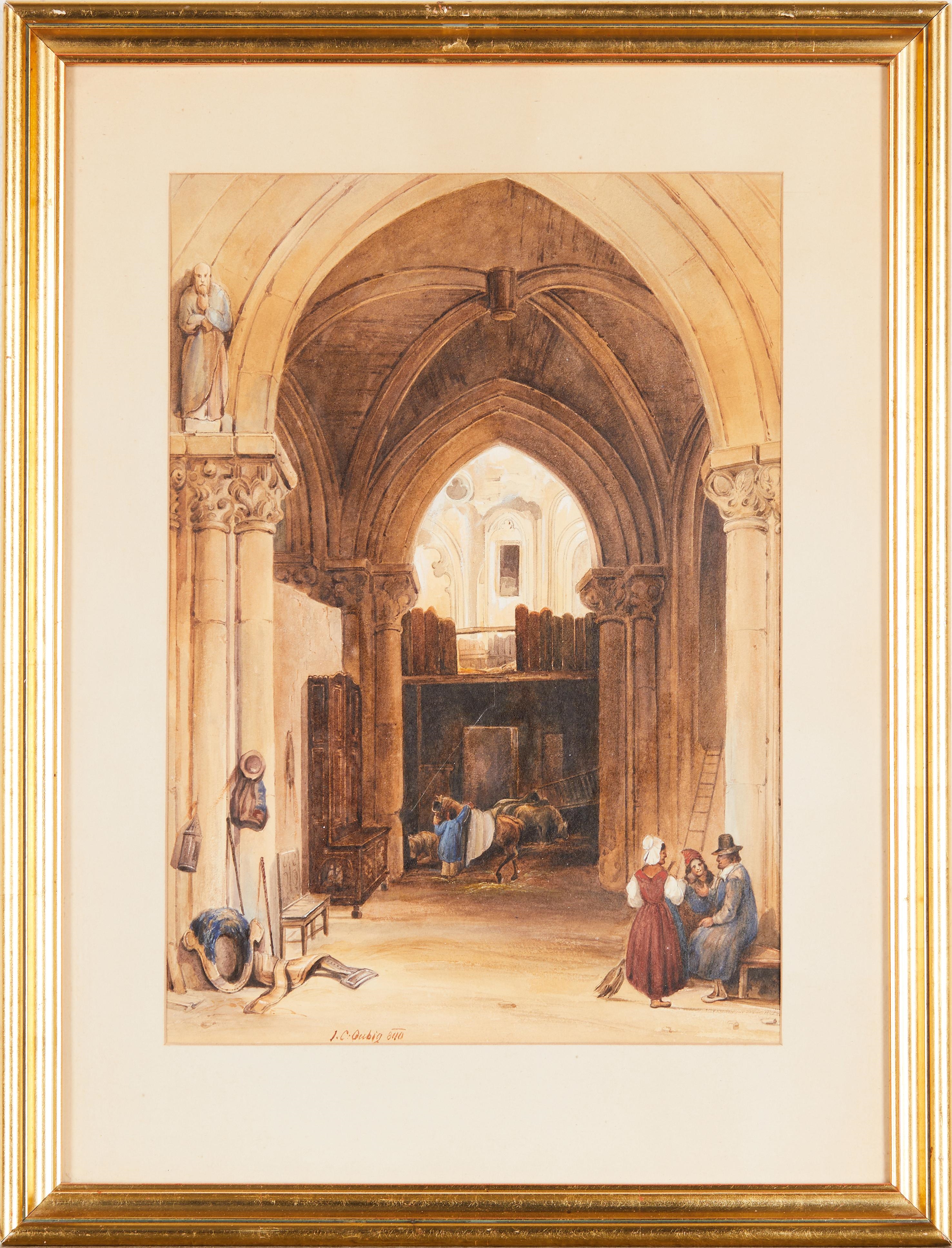 Artwork by Johann Christoph Gubig, Pferdestall in einer Kirchenruine, Made of watercolor on paper