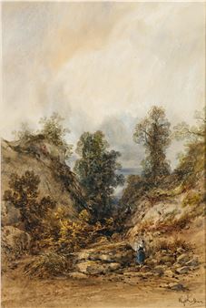 Landschaft mit einem Graben und Spaziergängerin in der Gegend von Barbizon - Gabriel Hippolyte Le Bas
